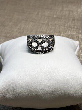 Vintage Sterling Silver Marcasite Ring Wide Band Filigree Size 7